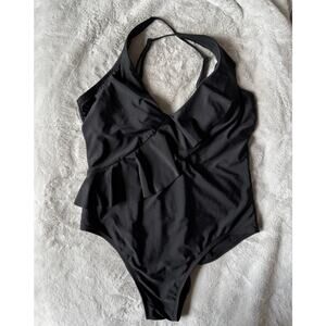 Kona Sol Black One-Piece Swimsuit XL Ruffle Front Cross-Back Bathing Suit